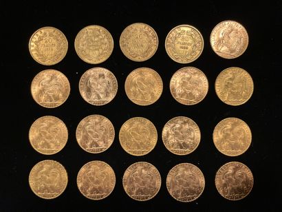 null 20 French 20 franc gold coins, worn