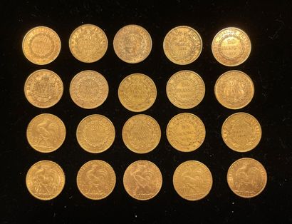 null 20 French 20 franc gold coins, worn