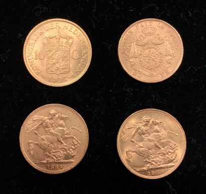 null Lot of 4 coins including 2 coins of 1 British sovereign, 1 coin of 10 Dutch...