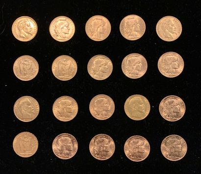 null 20 French 20 franc gold coins, worn