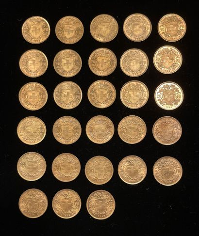 null 28 Swiss 20 franc gold coins, worn