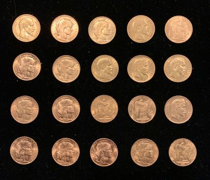 null 20 French 20 franc gold coins, worn