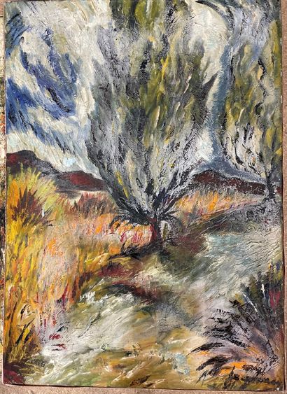 null Lot of paintings :

Jean MORE, "River in an undergrowth", oil on canvas signed...