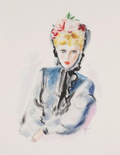 André DIGNIMONT (1891-1965) Portrait de femme au chapeau fleuri. Gravure rehaussée...