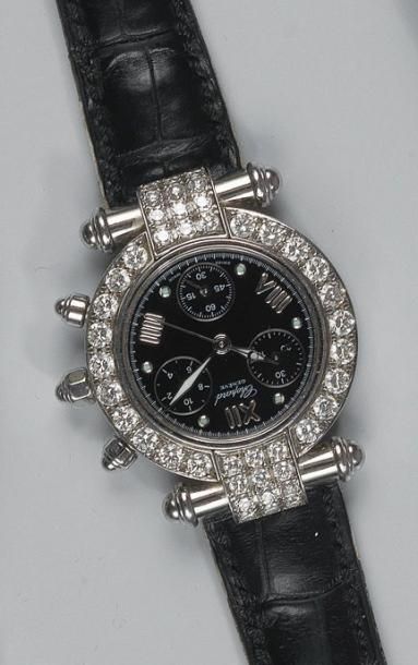 null Montre-bracelet de dame, de forme ronde, en acier, formant chronographe, le...