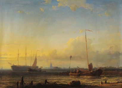 Abraham HULCK (1813-1897) Vue du port d'Amsterdam Huile sur panneau, signée en bas...
