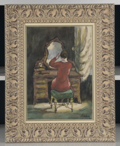 null Georges ASCHER

(Warsaw 1884 1943 deported)

Woman at her dressing table

Gouache...