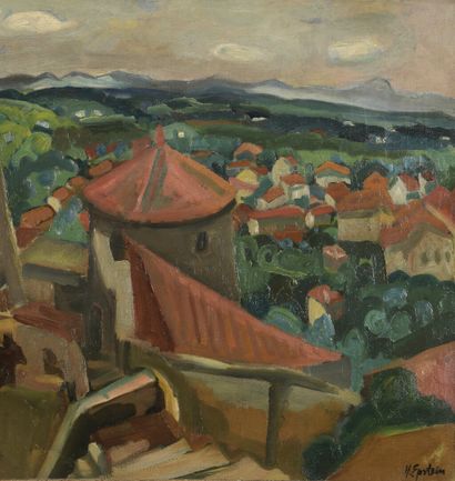  Henryk / Henri EPSTEIN			 
(Lodz 1892 1944 déporté) 
Paysage aux toits rouges 
Huile...