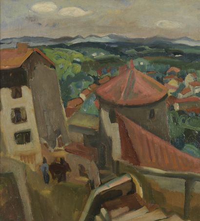  Henryk / Henri EPSTEIN			 
(Lodz 1892 1944 déporté) 
Paysage aux toits rouges 
Huile...