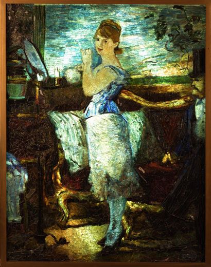 null 
Stained glass window in a light box, 

Young woman in the privacy of her room,...