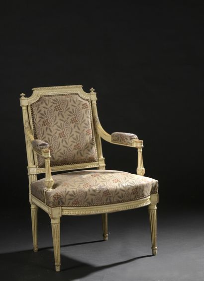 A moulded, carved and painted beechwood armchair,...