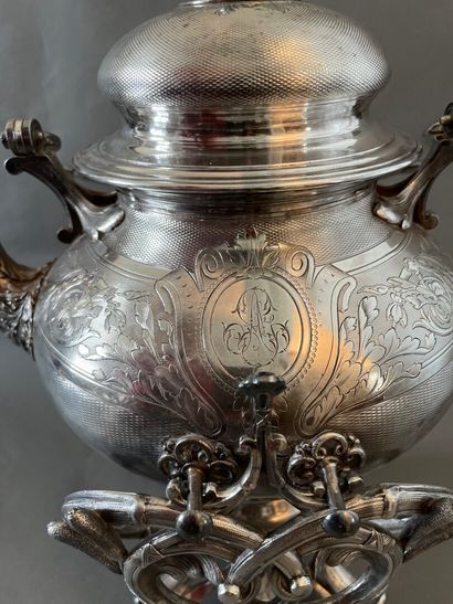 null Samovar teapot in silver plated metal chased with a foliage decoration and figured...