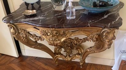 Gilded wood console, carved with garlands,...
