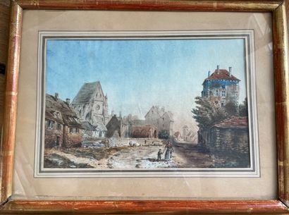  Ecole du XIXème siècle 
"Scènes de village" 
Deux aquarelles, l'une portant une...