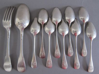 
Nine silver dessert spoons with numbers,

English...