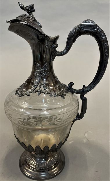 Engraved crystal ewer and silver frame with...