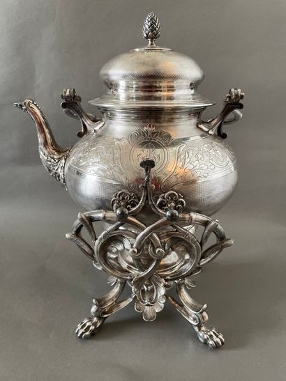 null Samovar teapot in silver plated metal chased with a foliage decoration and figured...