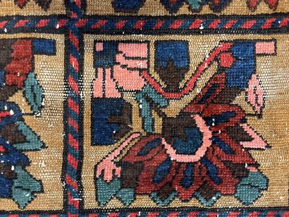null Persian wool carpet, flowery box pattern on a blue and brown background.

Wear...