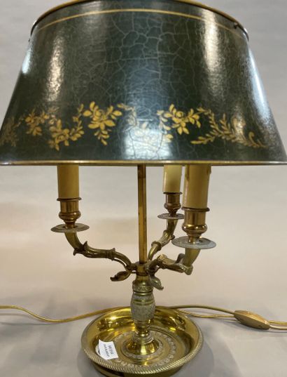  Two three-light bronze bouillote lamps, one with a hunting body motif, the other...