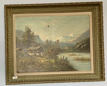  Claude LION (active in the 20th century) 
Cottage near a mountain lake 
Oil on canvas....
