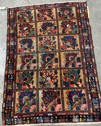 null Persian wool carpet, flowery box pattern on a blue and brown background.

Wear...