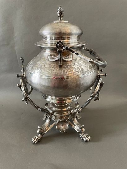 null Samovar teapot in silver plated metal chased with a foliage decoration and figured...