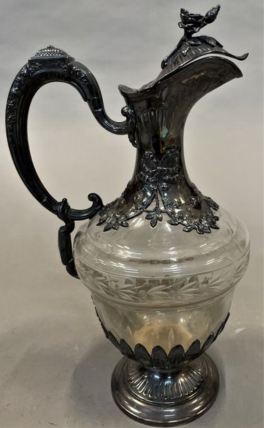 null Engraved crystal ewer and silver frame with ribbon knot and flower garlands...