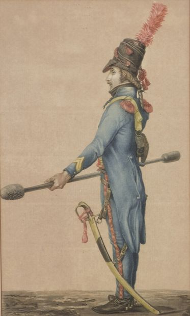  "Portrait d'uniformes" 
Sept gravures en couleurs sur papier. 
Epoque Empire. 
H...