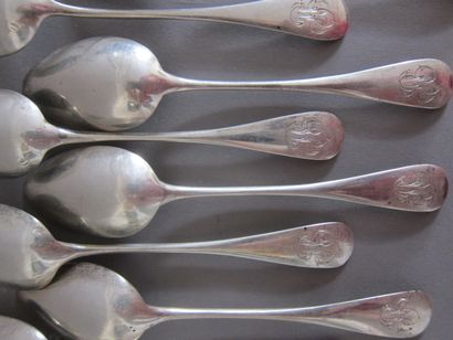 null 
Nine silver dessert spoons with numbers,

English silver cutlery, single-flat...
