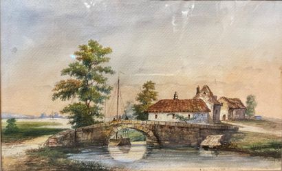  Ecole Française du XIXème siècle 
"Paysage au pont" 
Aquarelle dédicacée en bas...