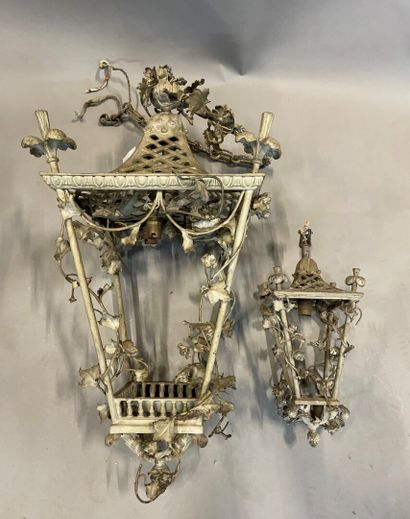 null Lantern in bronze and green painted metal decorated with flowering branches....