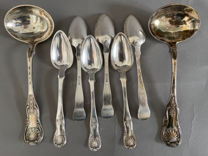 null Six dessert spoons and two sauce spoons in silver plated metal decorated with...