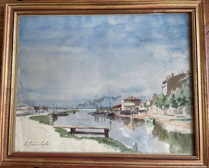  Gustave Edouard LE SENECHAL DE KERDREORET (1840-1920) 
Vue d'un port 
Aquarelle...