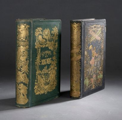  Caisse de livres romantiques du XIXème siècle certains à reliures ornées polych...