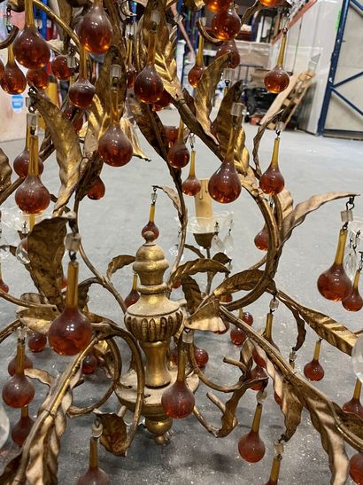  Six-light wrought iron chandelier with gold lacquered leafy branches, decorated...