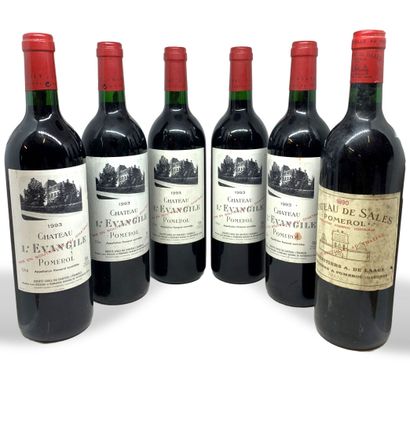  6 bouteilles : 
- 5 Château l'EVANGILE Pomerol 1993, étiquettes légèrement sales...