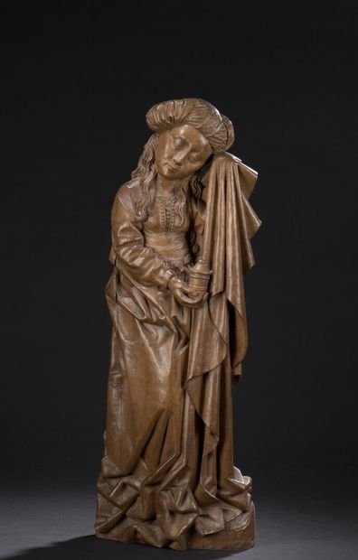 null -Sainte Marie-Madeleine en noyer sculpté en applique, essuyant ses larmes de...