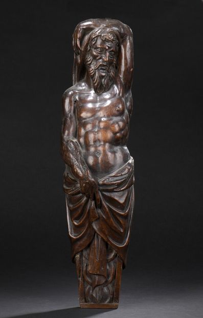 null Terme en bois fruitier sculpté figurant un homme barbu engainé, au torse dénudé,...