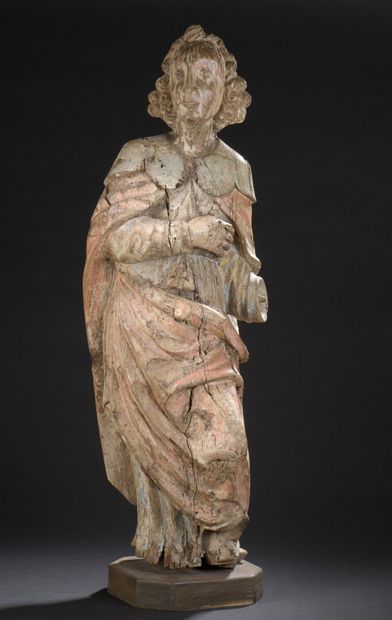 null Saint Jean en bois sculpté en ronde bosse avec restes de polychromie et traces...