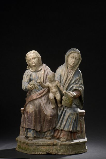 null Sainte Anne Trinitaire en bois sculpté, dos ébauché. La Vierge et sainte Anne...