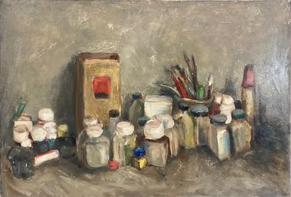  ° Claude VOLKENSTEIN (1940) 
Atelier de peinture 
Huile sur toile 
50 x 73 cm
