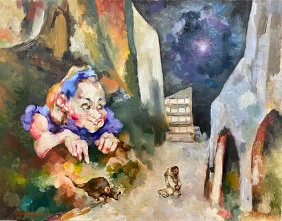  ° Claude VOLKENSTEIN (1940) 
La fillette, le rat et le moine 
Huile sur toile, signée...