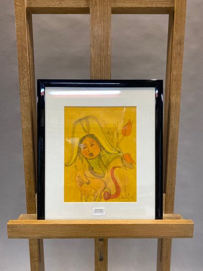 null Edgar STOEBEL (1909-2001) 

Femme au chapeau

Feutre et crayon sur papier jaune...