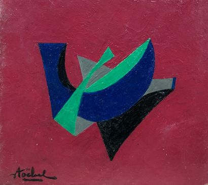 null Edgar STOEBEL (1909-2001) 

Geometric composition on a raspberry background

Oil...