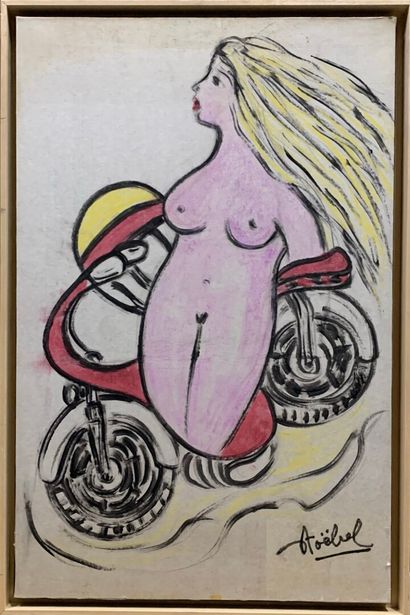 null Edgar STOEBEL (1909-2001) 

Brigitte Bardot on a motorcycle

Marouflaged canvas...