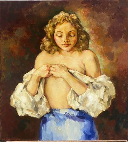  Claude VOLKENSTEIN (1940) 
Woman holding her bodice in front of her chest 
Oil on...