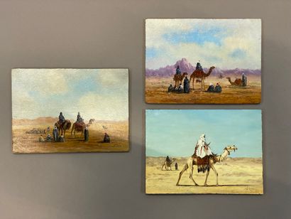 null Gérard ROUX (born in 1946)

Caravans in the desert.

Three oils on panel signed.

16...