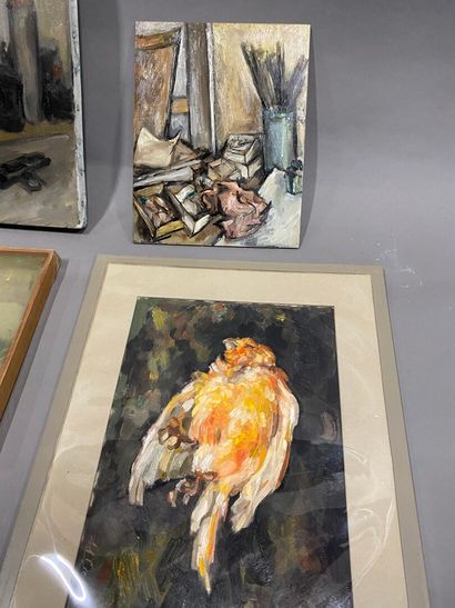  Claude VOLKENSTEIN (1940) 
Lot of still life : fruits, bird, tools in the artist's...