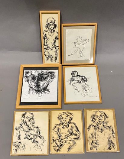  Claude VOLKENSTEIN (1940) 
Lot of portraits in felt pen and a linear drawing dancing....