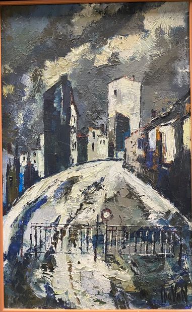  Gilbert CHAVAN (20th century) 
City under the snow 
Oil on canvas, signed lower...